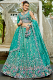Turquoise Blue Tissue Panelled Style Lehenga With Embroidered Work