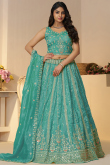 Turquoise Blue Tissue Silk Embroidered Flared Lehenga