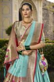 Turquoise Green Weaved Zari Flared Style Paithani Silk Lehenga