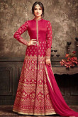 Banarasi Silk Anarkali Suit With Dupatta In Hot Pink Color