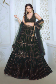 Velvet Bottle Green Embroidered Panelled Style Bollywood Lehenga 