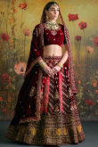 Velvet Deep Red Embroidered A Line Lehenga