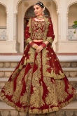 Velvet Deep Red Zari Embroidered Panelled Lehenga 