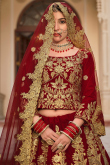 Velvet Deep Red Zari Embroidered Panelled Lehenga 
