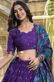 Violet Purple Tussar Silk Foil Printed Flared Style Lehenga