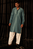 Viscose Teal Blue Embroidered Festive Wear Men's Kurta Pajama