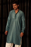 Viscose Teal Blue Embroidered Festive Wear Men's Kurta Pajama