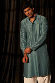 Viscose Teal Blue Embroidered Festive Wear Men's Kurta Pajama