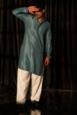 Viscose Teal Blue Embroidered Festive Wear Men's Kurta Pajama