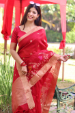 Weaved Cherry Red Linen Light Weight Saree