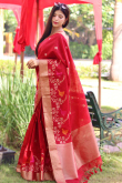 Weaved Cherry Red Linen Light Weight Saree