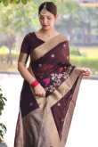 Weaved Dark Mauve Brown Linen Light Weight Saree