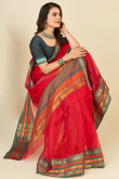 Weaved Ruby Red Kota Doria Light Weight Saree