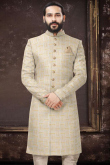 Weaved Thread Art Silk Cream Beige Men's Sherwani