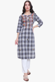 Weaved Thread Dusty Blue Cotton Casual Wear Ready Made Kurti