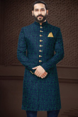 weaved thread Embroidered Silk Navy Blue Men Sherwani