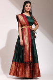 Weaved With Thread And Zari Silk Bottle Green Flared Lehenga