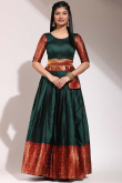 Weaved With Thread And Zari Silk Bottle Green Flared Lehenga