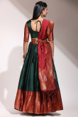 Weaved With Thread And Zari Silk Bottle Green Flared Lehenga