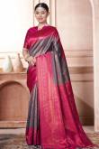 Weaved With Thread And Zari Silk Broad Border Dark Grey Saree
