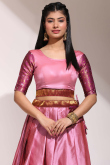 Weaved With Thread And Zari Silk Salmon Pink Flared Style Lehenga