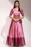 Weaved With Thread And Zari Silk Salmon Pink Flared Style Lehenga