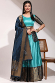 Weaved With Thread And Zari Silk Turquoise Blue Flared Lehenga