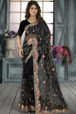 Wedding Wear Dark Black Net Embroidered Saree