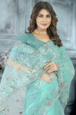Wedding Wear Net Turquoise Blue Embroidered Saree 