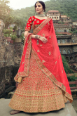 Wedding Wear Paneled Style Embroidered Satin Lehenga In Red