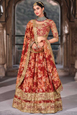 Wedding Wear Red Organza Printed Lehenga