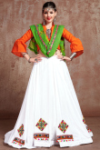 White Cotton Navaratri Lehenga With Mirror And Thread Work 