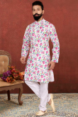 Lace Work Wedding Wear Men Kurta Pajama in Light Beige Dupion Silk