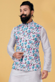 White Cotton Traditional Men Waist Coat with Printed