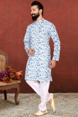 White Cotton Printed Straight Cut Men Kurta Pajama