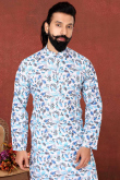 White Cotton Printed Straight Cut Men Kurta Pajama