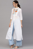 White Cotton Slub Kurti With Resham Work