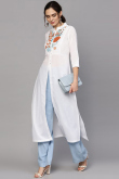 White Cotton Slub Kurti With Resham Work