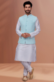 White Straight Cut Wedding Wear Men Kurta Pajama in Dupion Silk