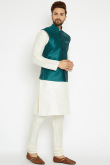 White Dupion Silk Kurta Pajama With Teal Green Waistcoat