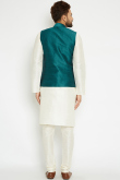 White Dupion Silk Kurta Pajama With Teal Green Waistcoat