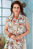 White Georgette Floral Print Saree With Stone Work