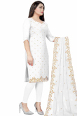 White Georgette Straight Cut Churidar Suit With Zari Work