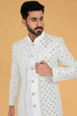 Jacket Style Men Sherwani in Jacquard White for Sangeet