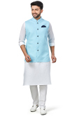 White Linen Plain Kurta Pajama With Sky Blue Waistcoat
