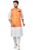 White Linen Plain Kurta Pajama With Orange Waistcoat
