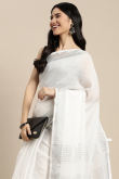 White Linen Saree with Woven Zari Work for New Year