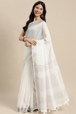 White Linen Saree with Woven Zari Work for New Year