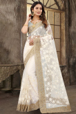 White Net Saree With Zari Work For Festival