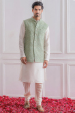White Plain Silk Jacket Style Men's Kurta Churidar